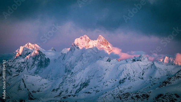 Obraz Mount Ushba. Beautiful snowy mountain peaks at sunset