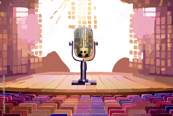 Fototapeta Retro microphone on stage. Vector illustration in flat cartoon style.