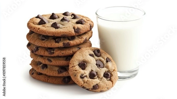 Fototapeta Stack of Chocolate Chip Cookies with Glass of Milk