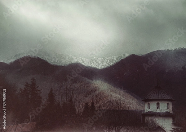 Obraz Beautiful view of the monastery and the mountains. A gloomy winter day in the Balkans