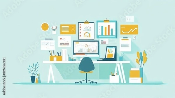 Obraz A clean, modern flat vector banner depicting data research and finance planning with charts, web dashboards, and a collaborative team atmosphere