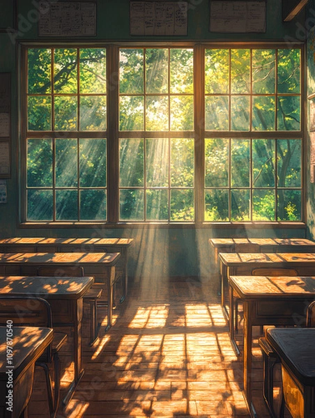 Fototapeta Quiet classroom scene with sunlight streaming through large windows, empty desks casting long shadows, and a nostalgic, peaceful atmosphere, anime style, wallpaper
