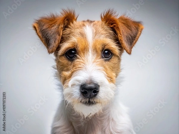 Fototapeta Expressive Fox Terrier Puppy Portrait in Low Light Setting with Soft Shadows on White Background, Highlighting Its Playful Nature and Adorable Features for Stock Photography Use