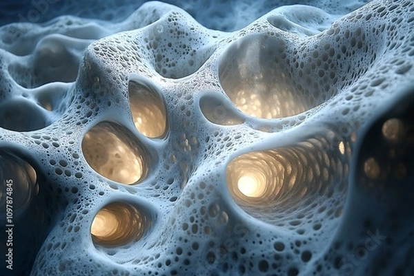 Fototapeta Abstract 3D render of a porous organic structure with glowing tunnels.