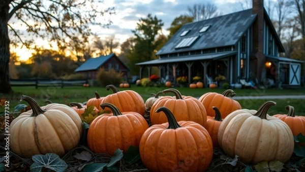 Fototapeta Autumnal Pumpkin Display in Front of Rustic Barn at Sunset, Perfect for Fall Decor and Seasonal Marketing