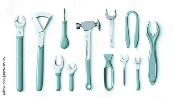 Obraz Teal 3D Render of Assorted Tools: Wrenches, Hammer, and More