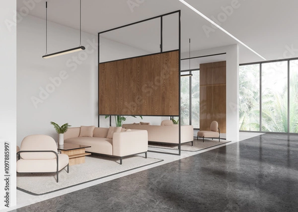 Fototapeta Modern living room interior with beige sofa and armchair, minimalist decor, large glass windows. 3D Rendering