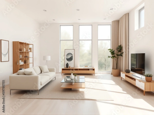 Fototapeta A bright, white living room featuring a couch, coffee table, and television, creating a clean and inviting atmosphere.