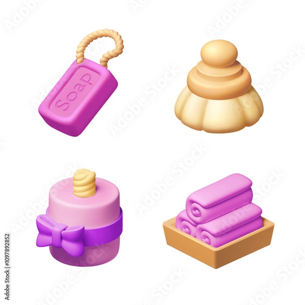 Fototapeta Set of spa icons, soap, brush, candle and towels in pastel colors