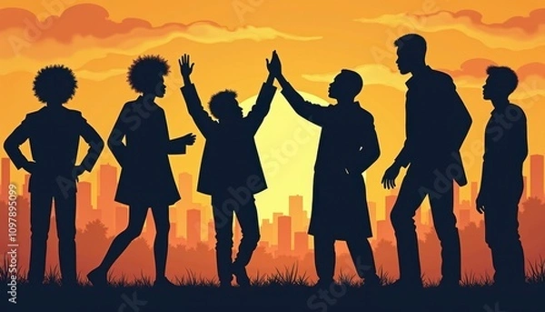 Obraz Black History Month celebration poster. BHM Wallpaper. African-American people background in warm colors 2D drawing art style