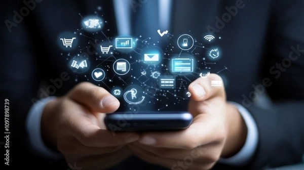 Fototapeta image should feature a business professional using a smartphone, with floating message bubbles representing SMS notifications, promotional offers, AI Generative