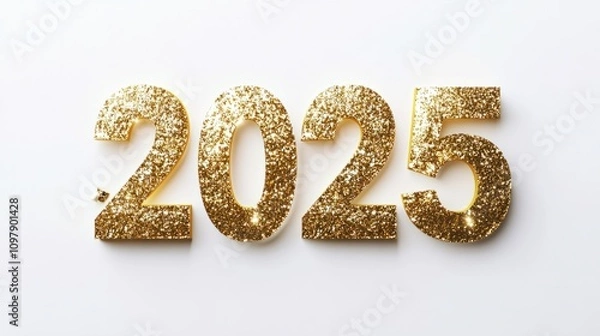 Fototapeta Stylish golden "2025" in a glittery finish, glowing radiantly on a plain white backdrop
