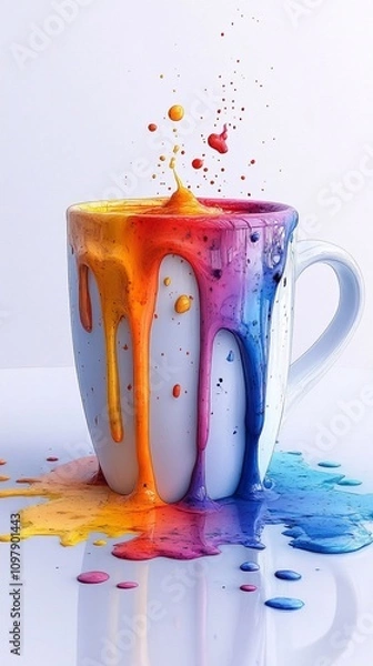 Fototapeta A cup with multi-colored paint that spills and flows over the edges of the cup, creating an unreal effect that flows down its surface. Bright colors,