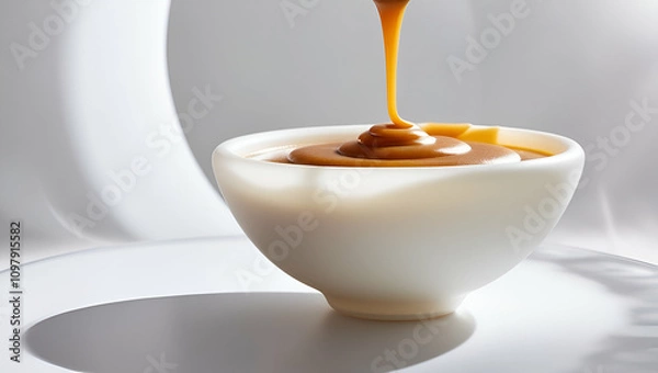 Obraz creamy caramel sauce in white bowl isolated on transparent background , Generative Ai.
