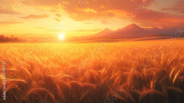 Fototapeta Golden wheat field at sunrise, with gentle wind swaying the crops, and distant mountains in a warm, pastel-colored background, anime style, wallpaper.