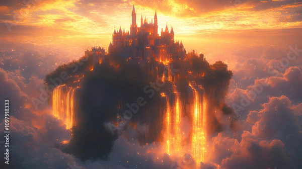 Fototapeta Fantasy castle floating among clouds, with waterfalls cascading from the castle and golden light illuminating the scene, anime style, wallpaper