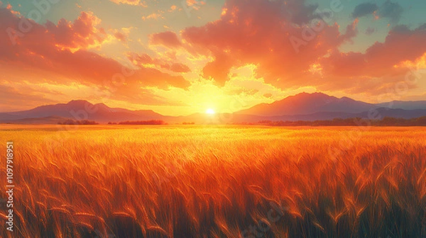 Fototapeta Golden wheat field at sunrise, with gentle wind swaying the crops, and distant mountains in a warm, pastel-colored background, anime style, wallpaper.