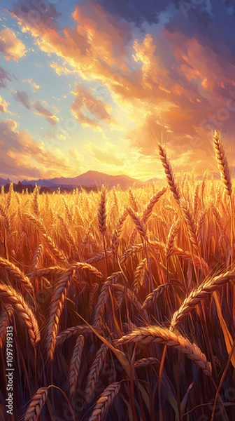 Fototapeta Golden wheat field at sunrise, with gentle wind swaying the crops, and distant mountains in a warm, pastel-colored background, anime style, wallpaper.