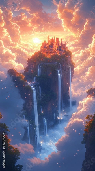 Fototapeta Fantasy castle floating among clouds, with waterfalls cascading from the castle and golden light illuminating the scene, anime style, wallpaper