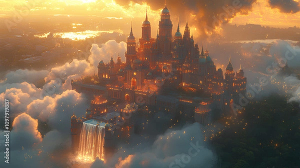 Fototapeta Fantasy castle floating among clouds, with waterfalls cascading from the castle and golden light illuminating the scene, anime style, wallpaper