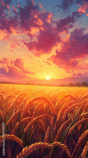 Fototapeta Golden wheat field at sunrise, with gentle wind swaying the crops, and distant mountains in a warm, pastel-colored background, anime style, wallpaper.