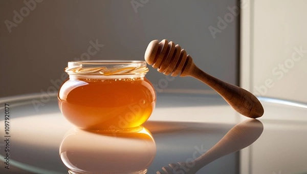 Obraz Golden honey jar with wooden dipper isolated on transparent background, Generative Ai.