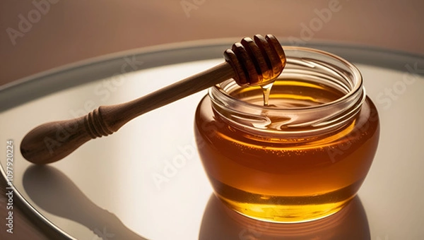 Obraz Golden honey jar with wooden dipper isolated on transparent background, Generative Ai.