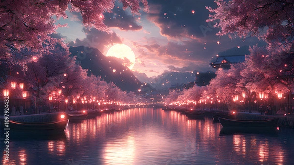 Fototapeta Beautiful sakura-lined river, with wooden boats drifting and lanterns floating in the water under a full moon, anime style, wallpaper