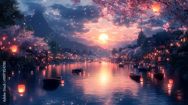 Fototapeta Beautiful sakura-lined river, with wooden boats drifting and lanterns floating in the water under a full moon, anime style, wallpaper
