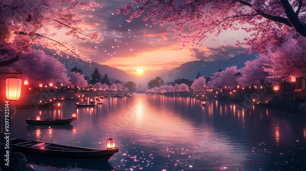 Fototapeta Beautiful sakura-lined river, with wooden boats drifting and lanterns floating in the water under a full moon, anime style, wallpaper