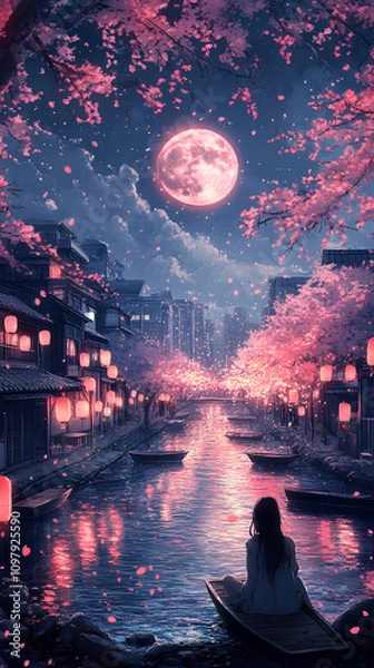 Fototapeta Beautiful sakura-lined river, with wooden boats drifting and lanterns floating in the water under a full moon, anime style, wallpaper