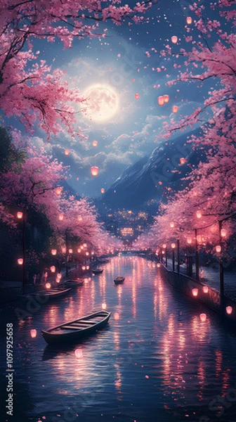 Fototapeta Beautiful sakura-lined river, with wooden boats drifting and lanterns floating in the water under a full moon, anime style, wallpaper