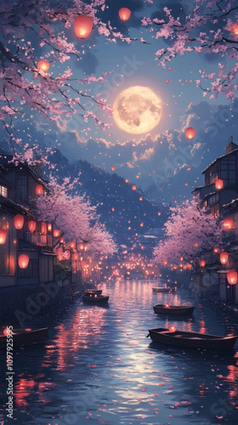 Fototapeta Beautiful sakura-lined river, with wooden boats drifting and lanterns floating in the water under a full moon, anime style, wallpaper