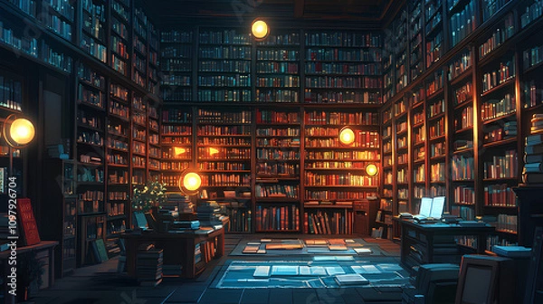 Fototapeta Ancient library with towering bookshelves, filled with glowing orbs, old scrolls, and a cozy, magical ambiance, anime style, wallpaper