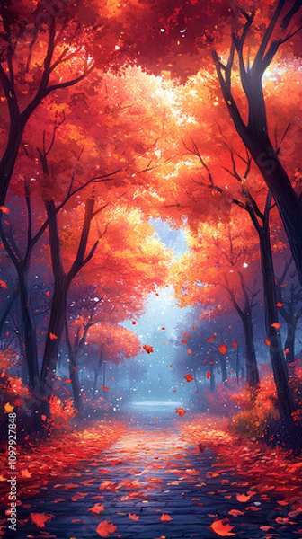 Fototapeta Autumn park path with falling leaves, lined with vibrant orange and red trees, and a misty lake in the distance, anime style, wallpaper