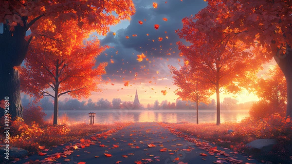 Fototapeta Autumn park path with falling leaves, lined with vibrant orange and red trees, and a misty lake in the distance, anime style, wallpaper