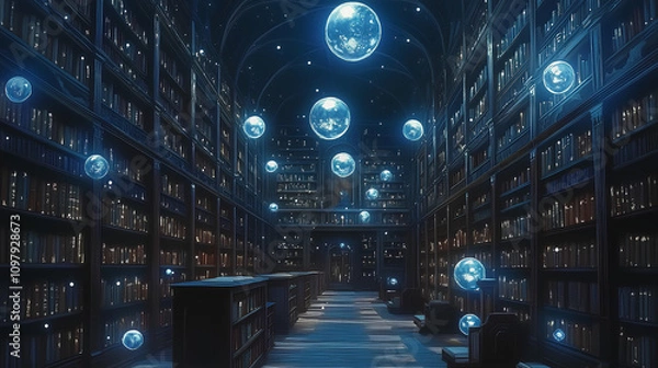 Fototapeta Ancient library with towering bookshelves, filled with glowing orbs, old scrolls, and a cozy, magical ambiance, anime style, wallpaper