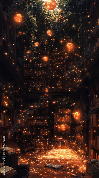 Fototapeta Ancient library with towering bookshelves, filled with glowing orbs, old scrolls, and a cozy, magical ambiance, anime style, wallpaper