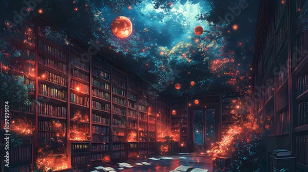 Fototapeta Ancient library with towering bookshelves, filled with glowing orbs, old scrolls, and a cozy, magical ambiance, anime style, wallpaper