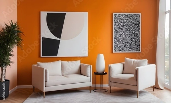 Obraz Vibrant Living Room with Orange Walls and Modern Art, Generative AI