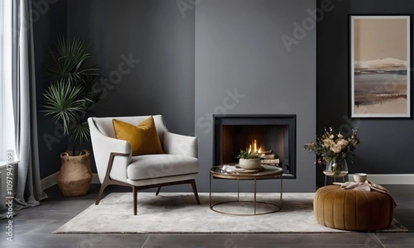 Obraz Cozy Living Room with Fireplace and Dark Walls, Generative AI