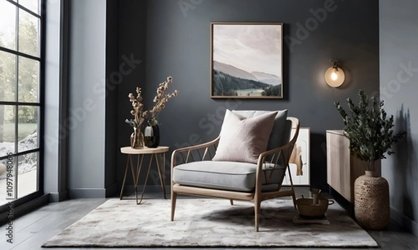 Obraz Cozy Reading Nook with Dark Walls, Generative AI