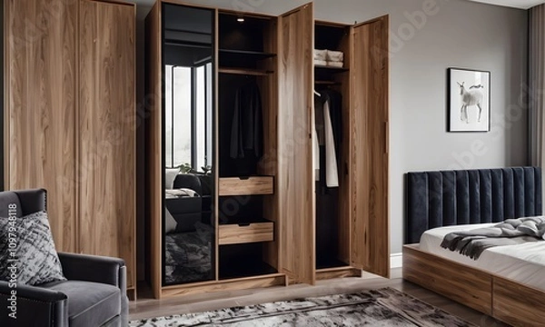Obraz Modern Bedroom with Wooden Wardrobe and Mirrored Doors, Generative Ai