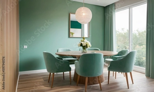 Obraz Modern Dining Room with Green Wall and Round Wooden Table, Generative Ai
