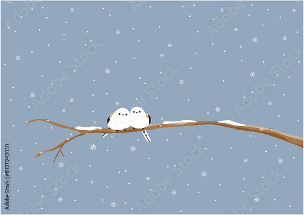Fototapeta 雪が降っている枝にとまっている2羽のシマエナガのイラスト