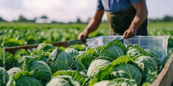 Obraz A vibrant green cabbage field in the UK, featuring a worker cutting large, healthy cabbages