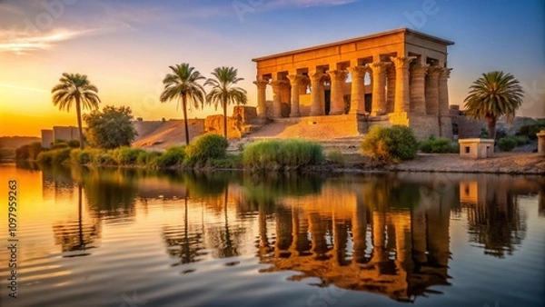 Obraz Serene Minimalist View of an Egyptian Temple on the Riverbank at Dusk, Highlighting Ancient Architecture and Reflective Waters in a Tranquil Setting