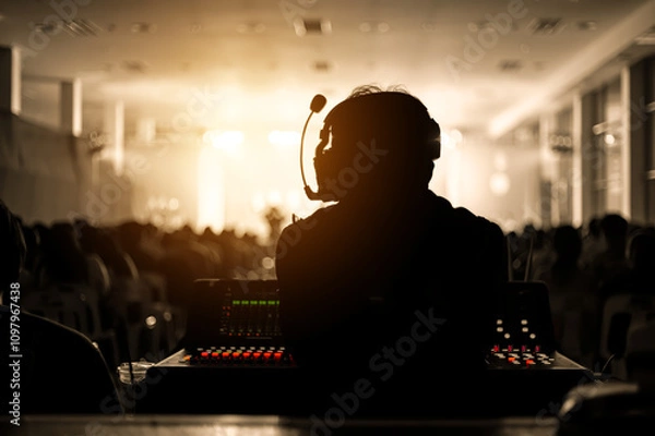 Obraz Silhouette of a sound engineer wearing a headset, managing audio equipment during a live performance. Warm golden light illuminates the stage and the crowd, creating a dramatic event scene.
