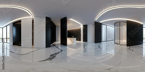Obraz Full 360 degrees seamless spherical panorama HDRI equirectangular projection of black and white modern interior. Texture environment map for lighting and reflection source rendering 3d scenes.	