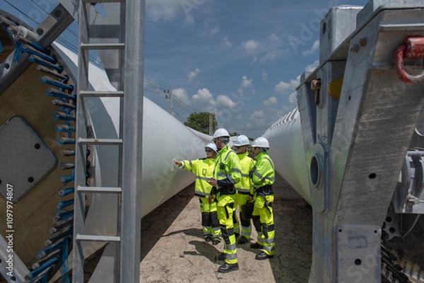 Fototapeta Wind Turbine Maintenance and Repair Technician, Engineer team professional working maintenance clean power generator system